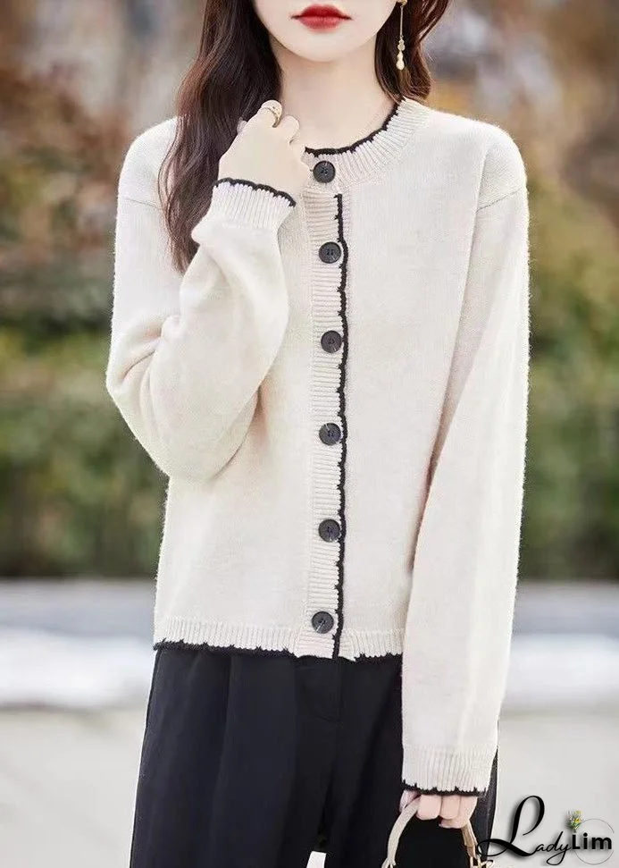 Classy Beige O Neck Button Wool Knit Cardigans Fall
