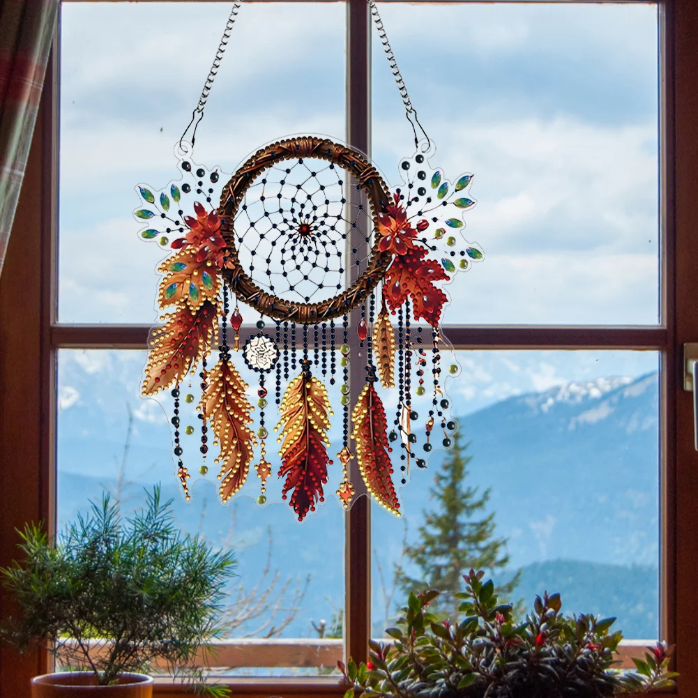 5D DIY Dream Catcher Acrylic Diamond Painting Hanging Pendant for Garden Window Decor 