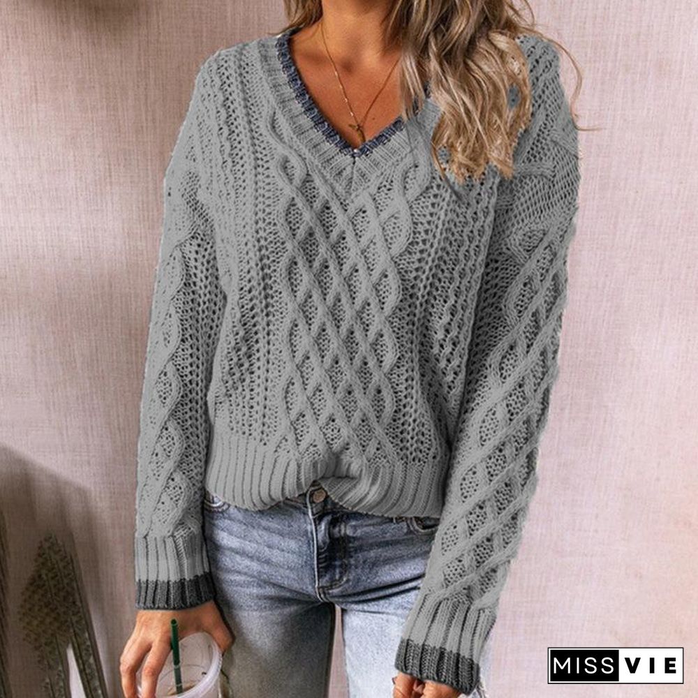 Casual Multicolor Stitched Twist V-neck Knitted Long Sleeved Sweater