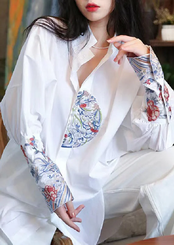 Handmade Vintage White Stand Collar Embroidered Cotton Shirts Top Spring