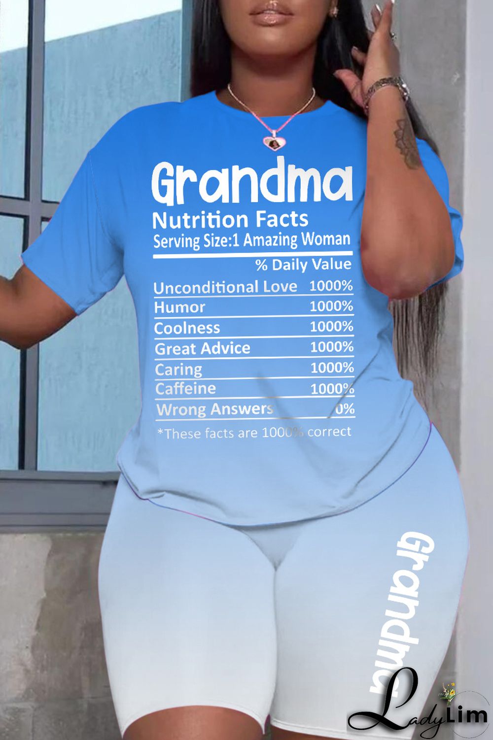 Light Blue Gradual Change Letter Print Basic O Neck Short Sleeve Two Pieces