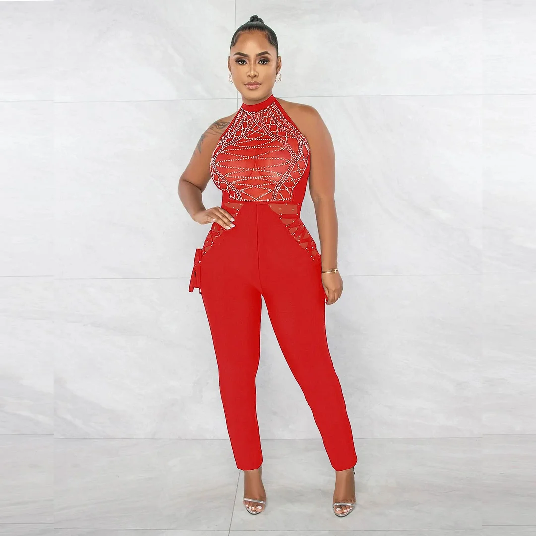 Club Party Wear Hot Drill Bandage Jumpsuit Skinny Bodysuits Club  Overalls Romper Jumpsuits Elegant Clothing Street