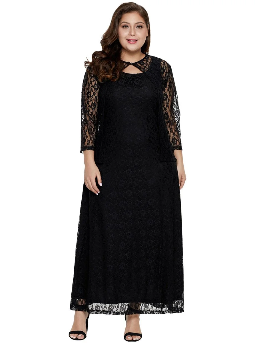 Plus Size Dress Elegant Hollow Out Three Quarters Sleeve Lace Dress