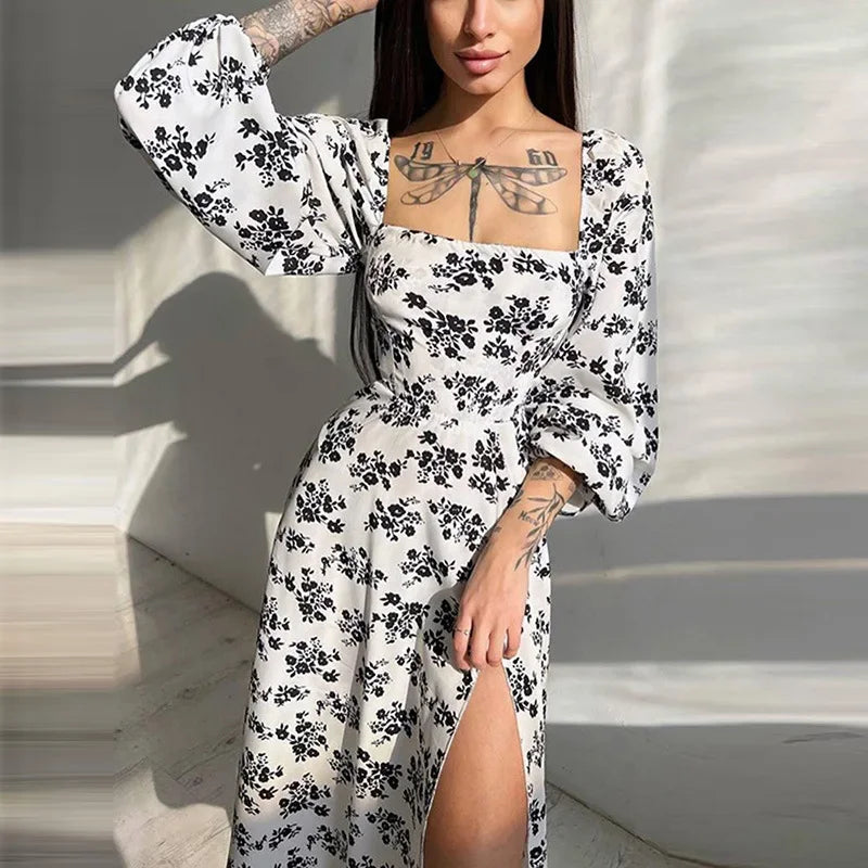 Aiertu Wepbel Cute Dress Sexy Summer Square Collar High Waist Printed Lantern Sleeve Split Dress for Women Elegant Floral Sweat Dress Aiertu