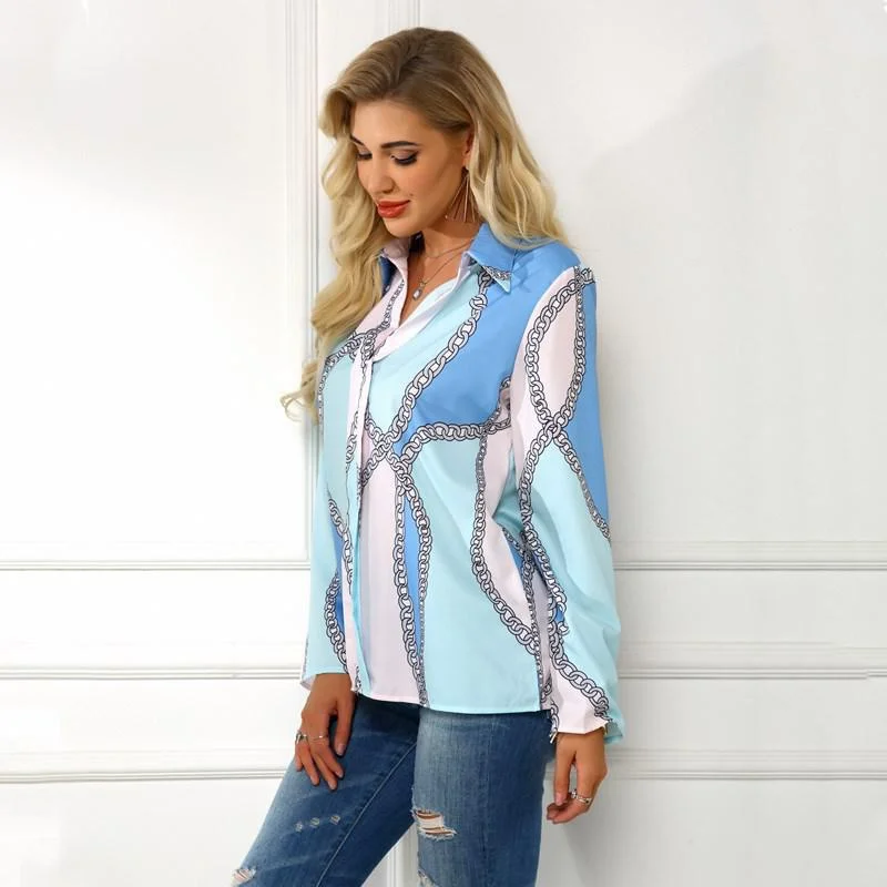 2020 New Design Women Office Blouse Turn Down Collar Long Sleeve Plus Size Clothes Chain Print Shirt Womens Tops And Blouses