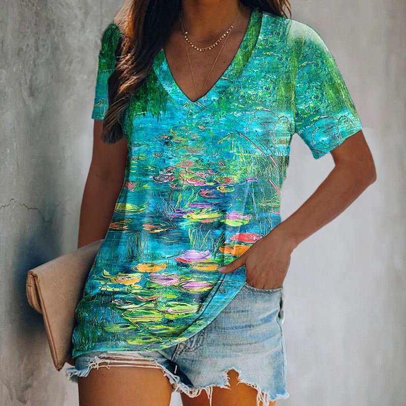 Oil Painting Water Lily Printed Women's T-shirt