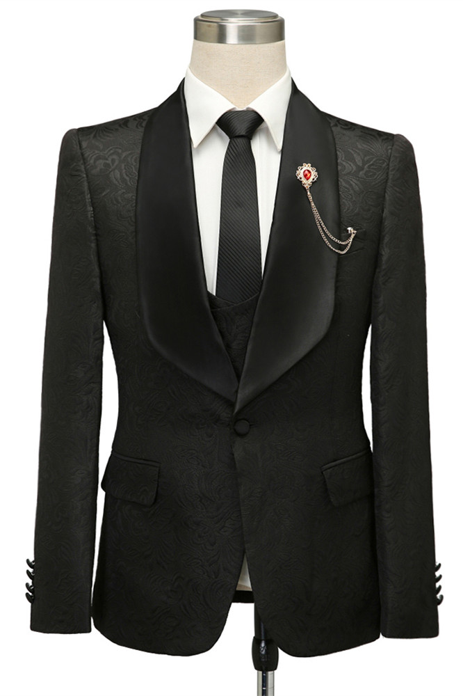 Bellasprom Black Jacquard Shawl Lapel Wedding Suit For Men Bellasprom