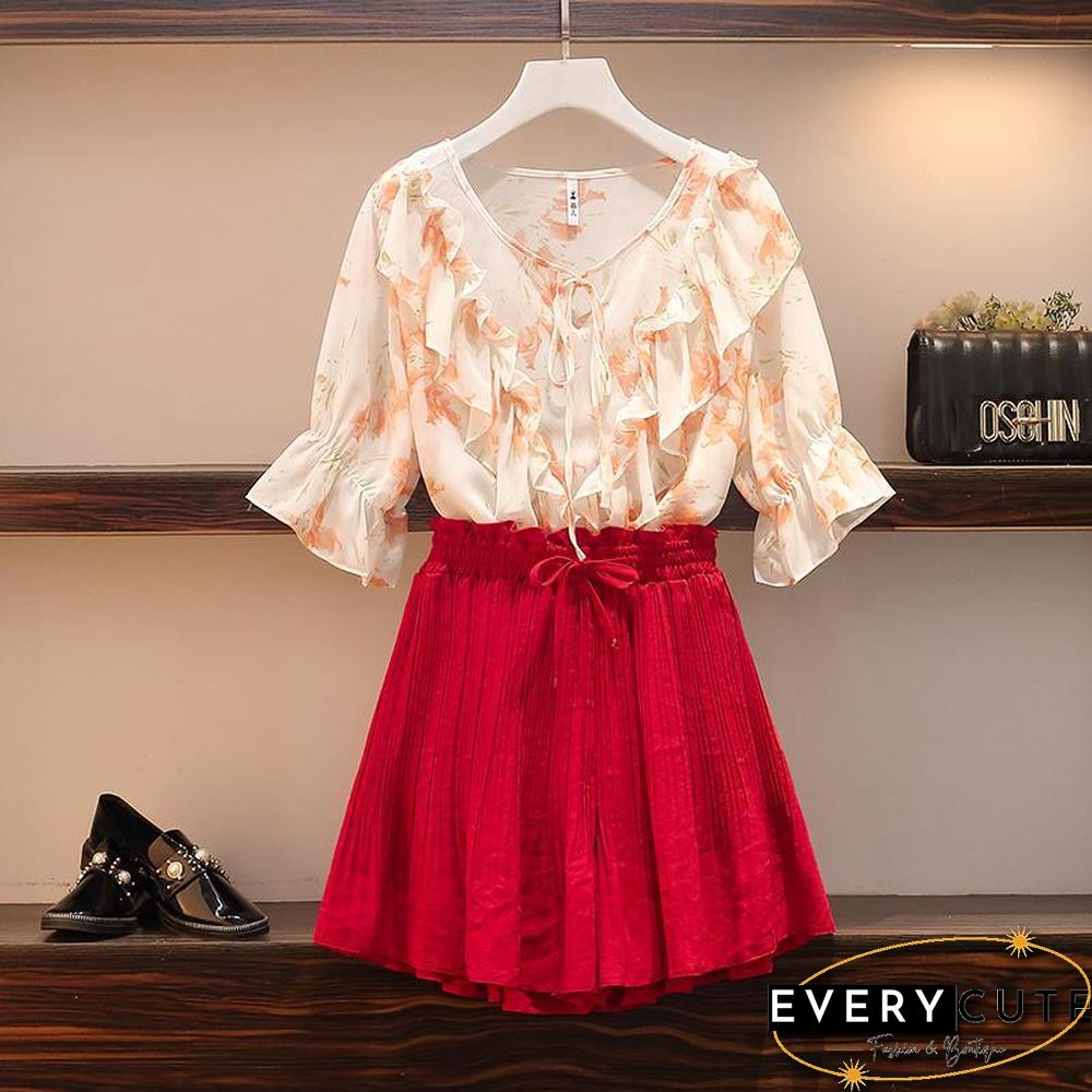 Pastoral Floral Chiffon Blouse + High Waist Shorts P13851