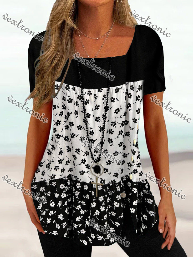 Women's Short Sleeve U-neck Floral Printed Graphic Button Top