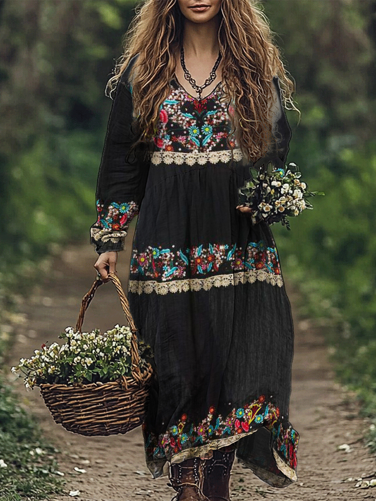 Boho Floral Embroidered Lace Tiered Linen Blend Maxi Dress wearshes