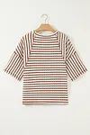 Women's Casual Brown Stripe Textured Knit Split Hem Half Sleeve Loose Top