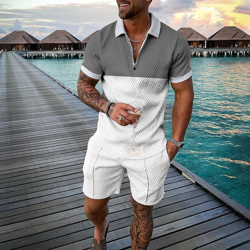 Men's Color Blocking Casual Short Sleeve Polo Shirt And Short Co-Ord