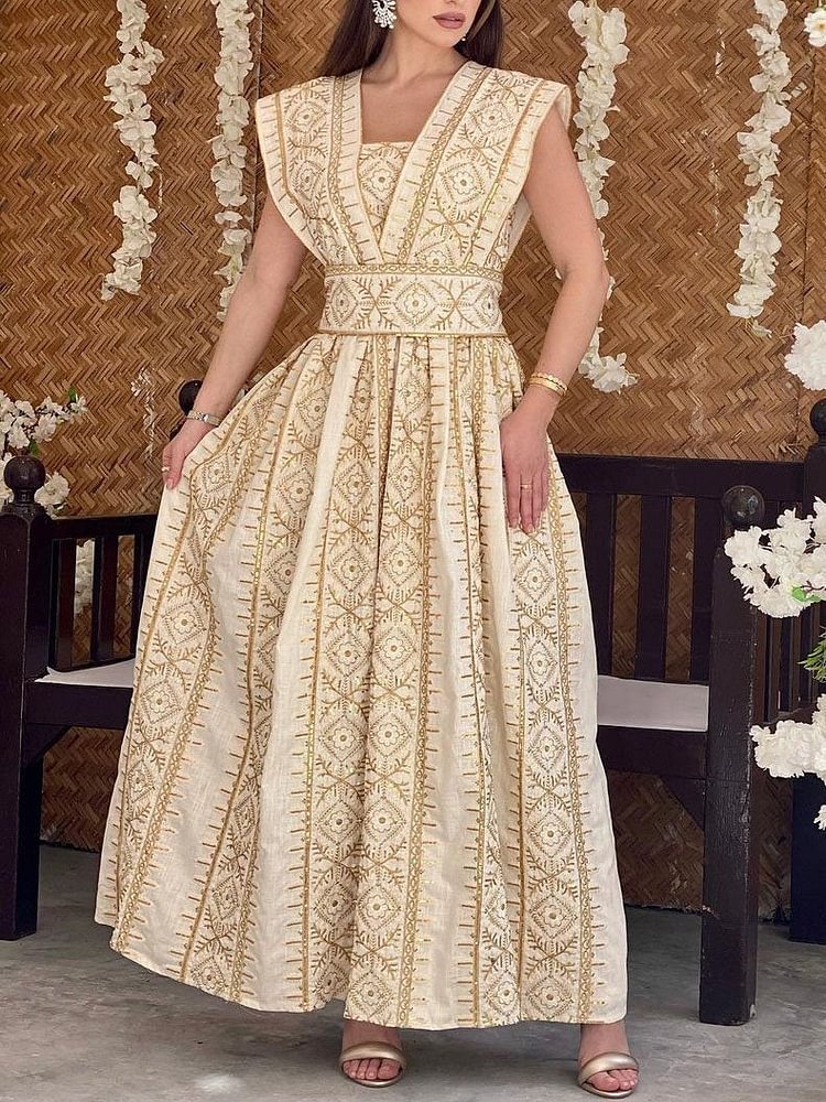 Ethnic Pattern Sleeveless Tied Waist Elegant Dress