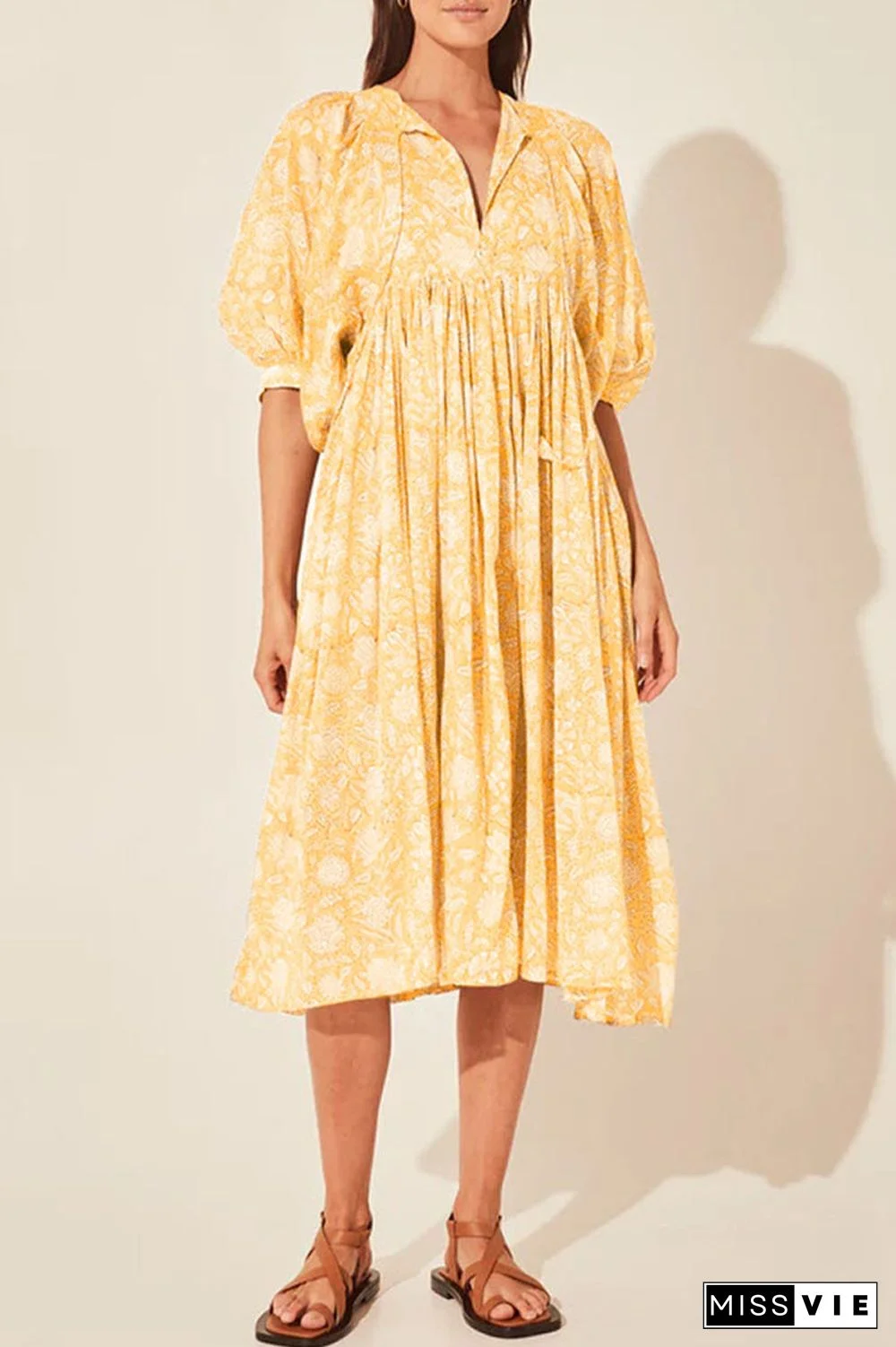 College Vacation Dress Floral Patchwork Frenulum Asymmetrical Collar Beach Dress