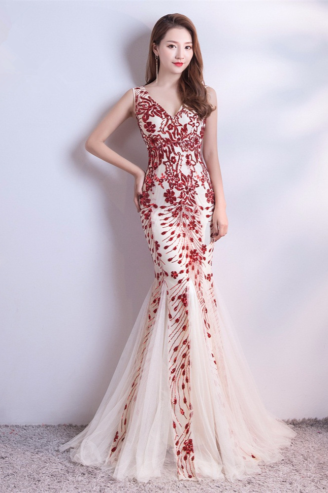 luxurious red crystal mermaid long prom dress