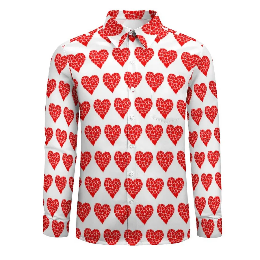valentines dress shirt COSFO Qunyiney Valentine's Day Men's Shirts Casual Red Collared Long Sleeve Tops Loose Button Down Drop Shoulder Love Heart T-Shirts, Size: Large