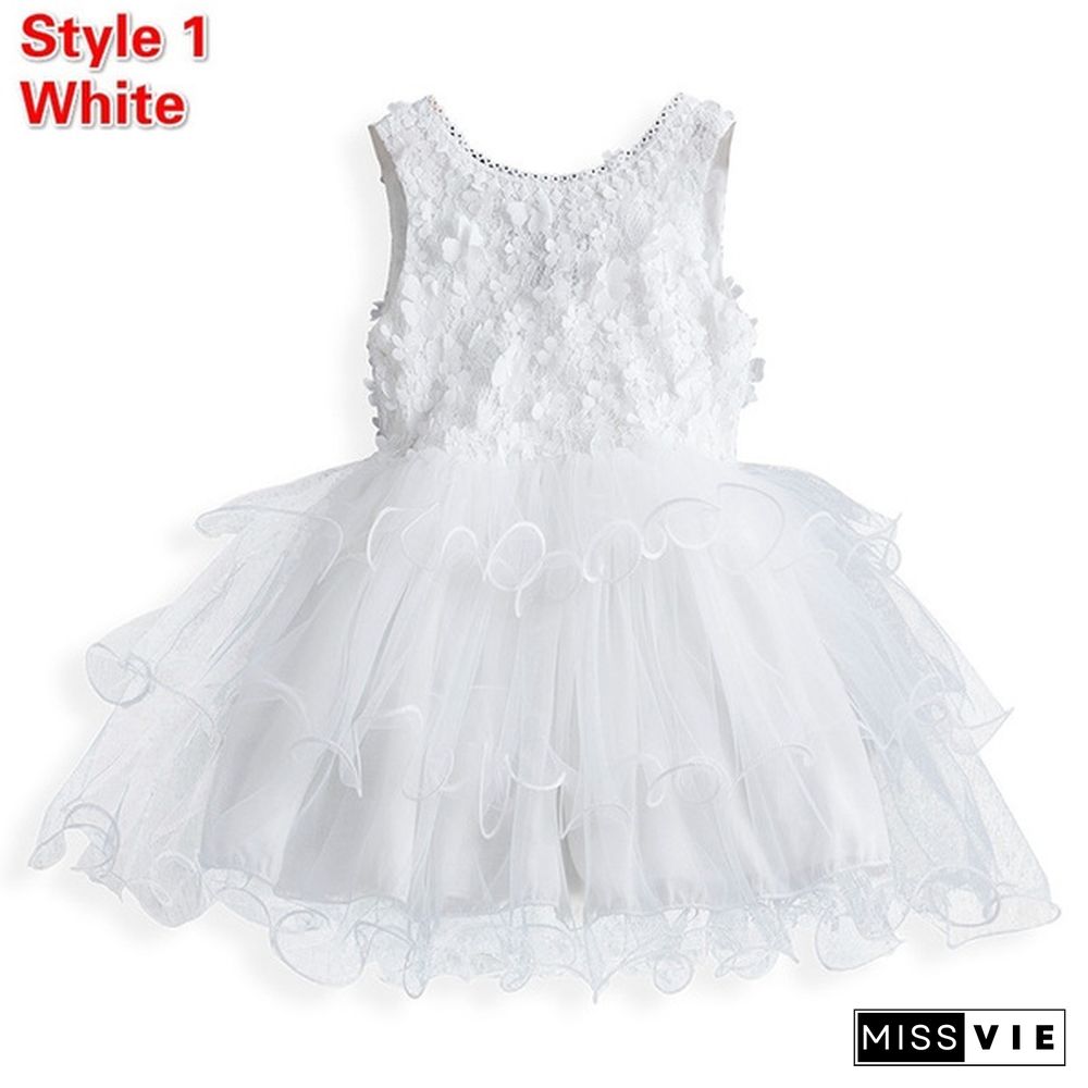 Girl's Fashion Backless Dress Appliques Flower Clothes Layered Mesh Princess Dress for Summer Beach Casual Wear 2 Styles