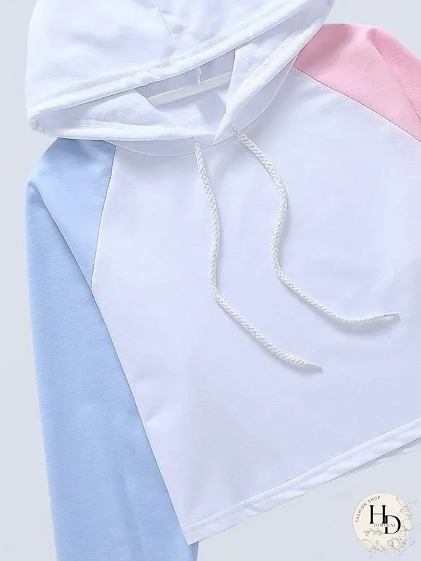 Contrast Raglan Sleeve Drawstring Hoodie for Women