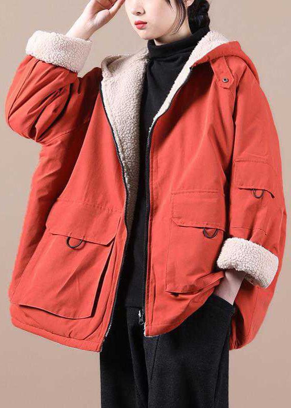 Fashion Orange hooded zippered Pockets Loose Winter parkas Coat CK1559- Fabulory