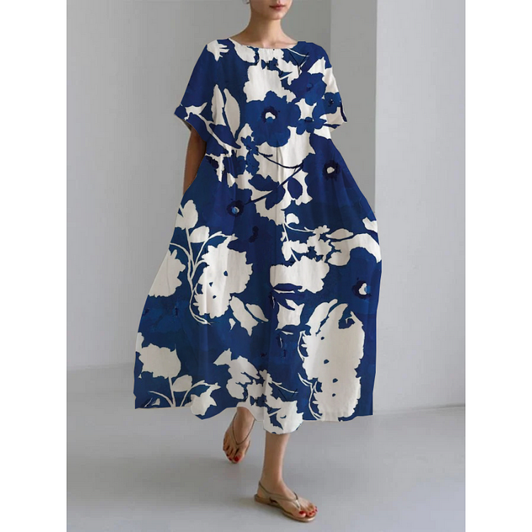 Women's Casual Blue Flower Print Dress socialshop