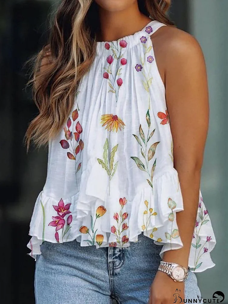 Loose Print Ruffled Sleeveless Casual Tank Tops for Women