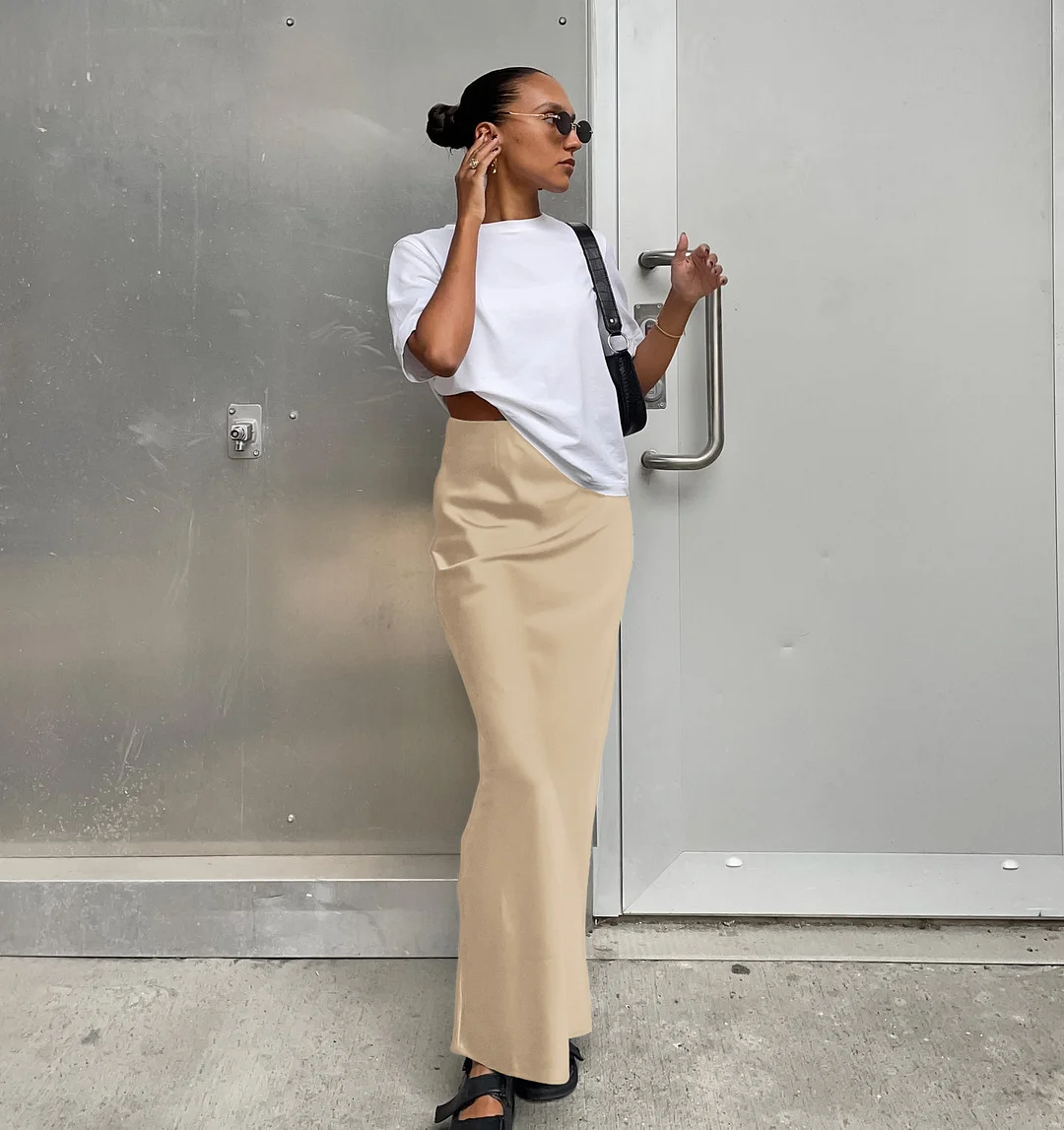 Uveng Uveng And Summer New Simulation Silk Skirt Satin Bread Hip Skirt Women Casual Color Tintail Skirt