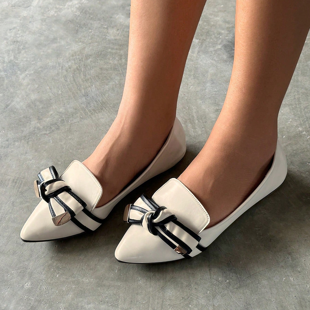 White & Black Vegan Leather Closed Toe Flat Bow Pumps Nicepairs