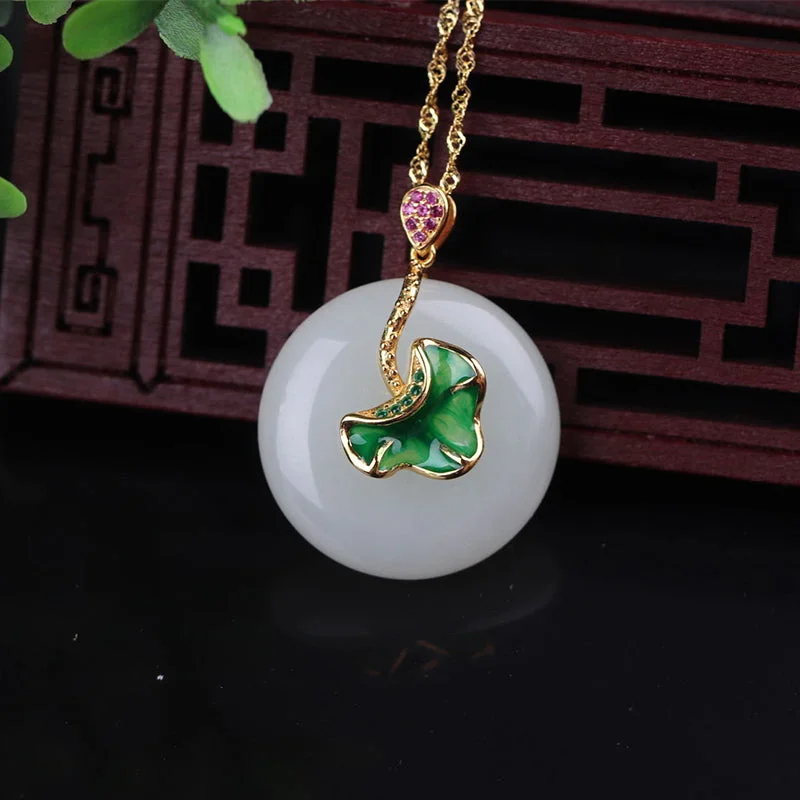 925 Sterling Silver White Jade Lotus Flower Leaf Protection Necklace Pendant
