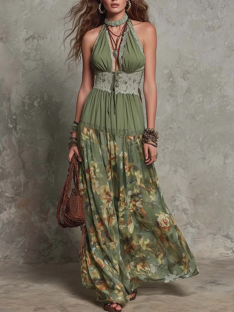 Bohemian Vacation-Style Floral Lace Trim Maxi Dress