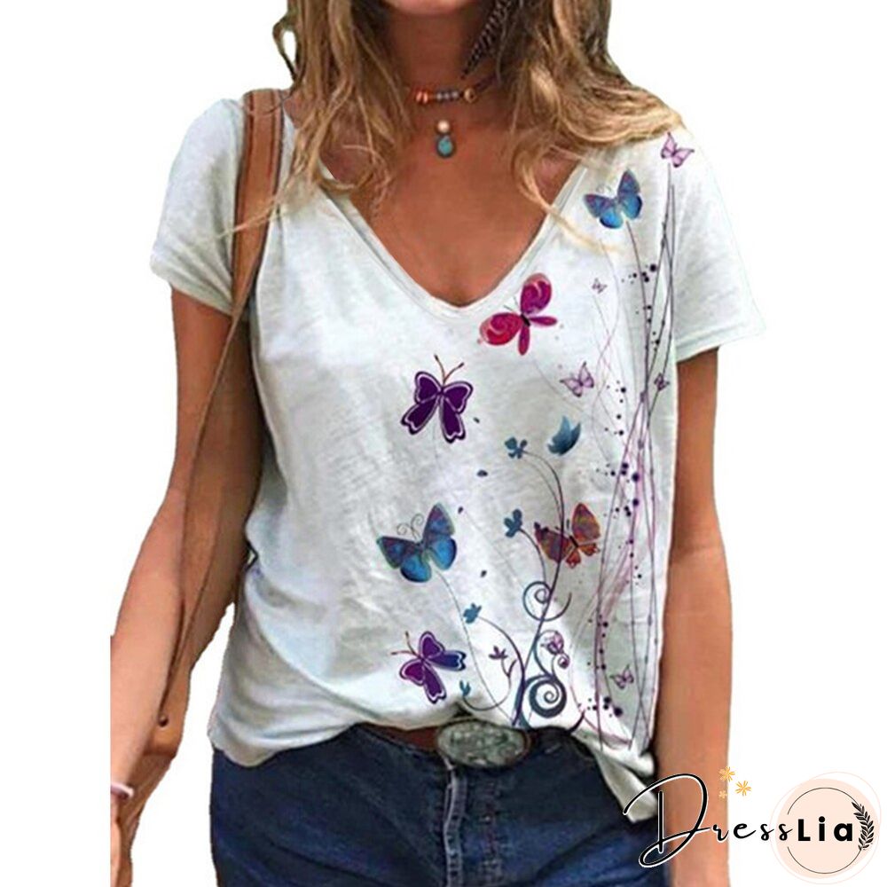 Women Short Sleeve V Neck Casual Tops Summer Fashion Butterfly Print Vintage Tops Pullover Female Elegant Streetwear T-Shirt D30