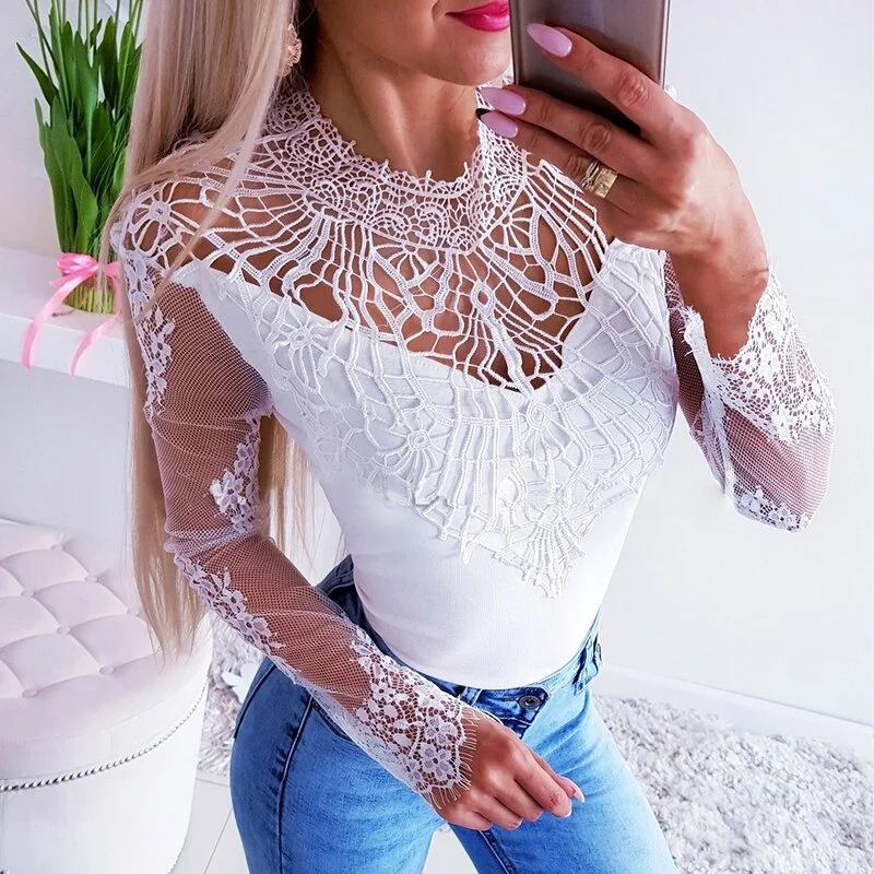 Graduation Gifts  Womens Blouse Shirt Black White  Long Casual Long Sleeve Lace Blusas Under Shirts Elastic Tops and Blouses Women New