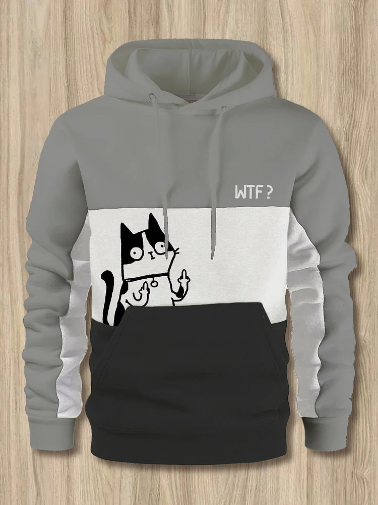 Men's Funny Middle Finger Bicolor Cat WTF Print Colorblock Hoodie
