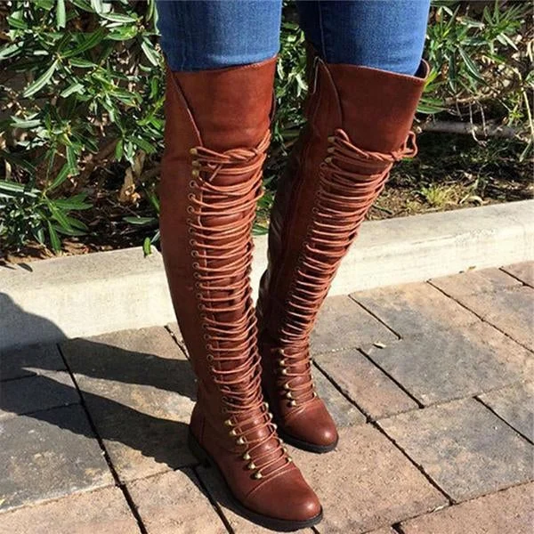 Camel Pu Cross Strap Block Heel Knee High Boots
