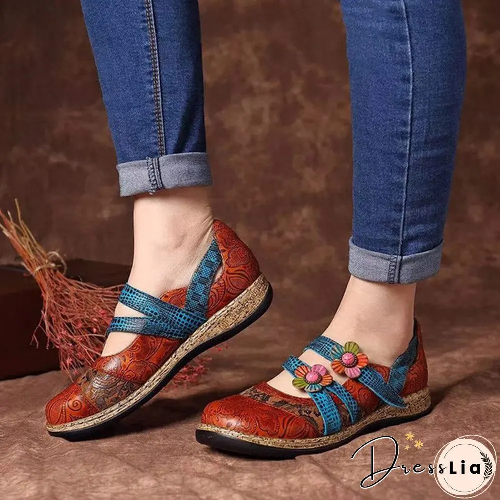 Womens Retro British Floral Leather Sandals Color Stitching Shackles Stripes 
