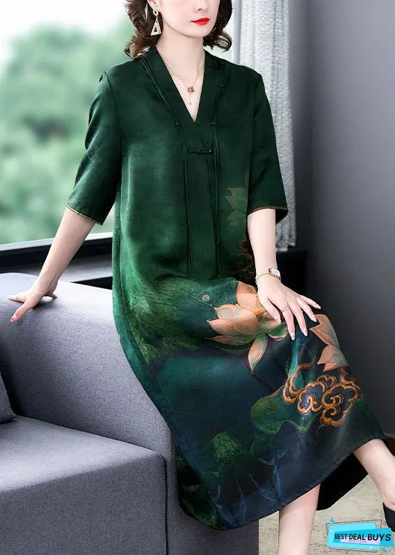 Retro Green V Neck Tasseled Print Patchwork Silk Dress Summer