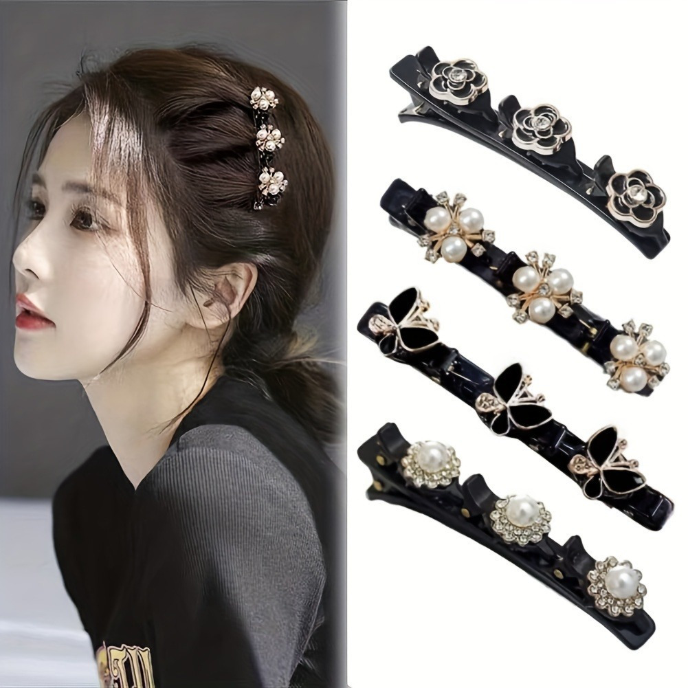 Set of four sparkling quartz acrylic hair clips, elegant braided hair clips, lovely flower design, hair accessories with mixed quartz decoration