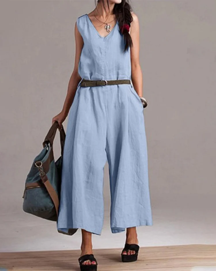 Women's Sleeveless V-Neck Cotton Linen Jumpsuit