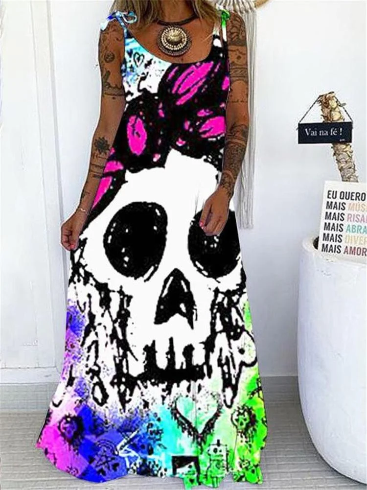 Skull Print Sleeveless Suspender Dress-Mayoulove