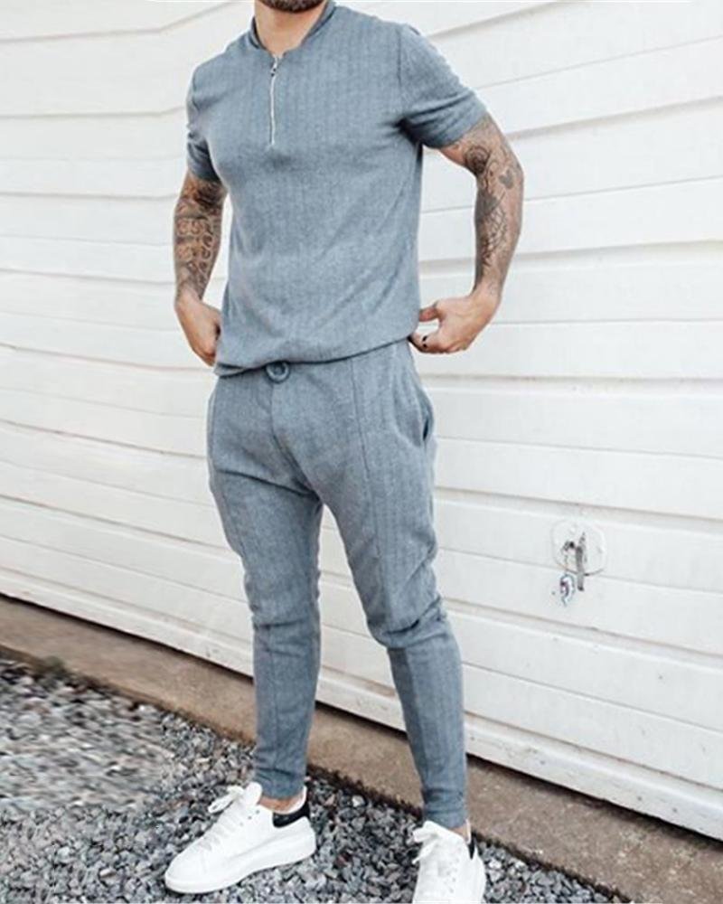 Men's Short Zipper Short-sleeved Lace-up Trousers Two-piece Sports and Leisure