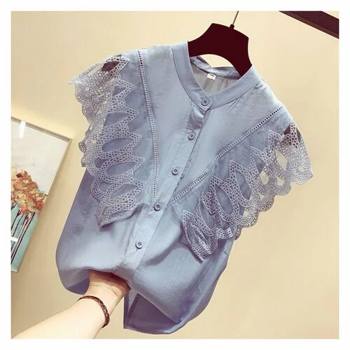 Summer Lace Blouse Women New Short Sleeve Ruffle Stitching Chiffon Shirt V-neck Slim Sweet Solid Korean Chic Tassel Tops 13497