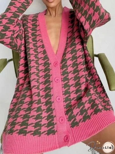 Houndstooth Button Up Long Sleeve Cardigan