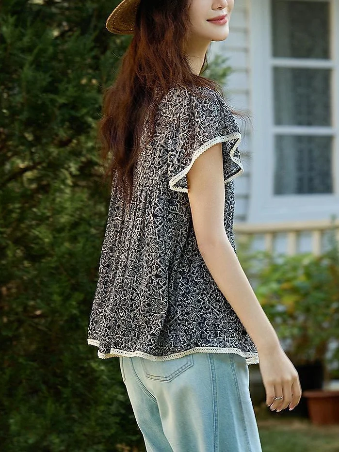 Athvotar Athvotar The Age Of Small Broken Flowers Leaves Side Short Sleeve Dolls Holiday Chindal Shirt Women Summer Belly Cover Tops High-End Shirt