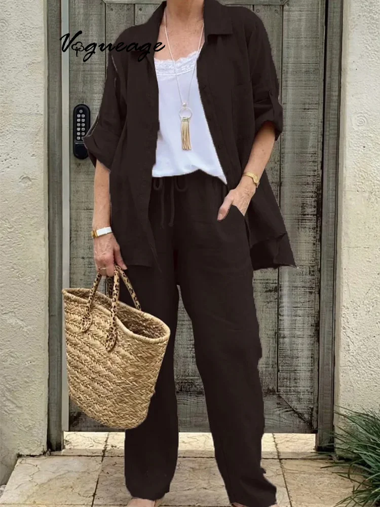Fashionable Solid Color Casual Urban Women's Cotton And Linen Suit