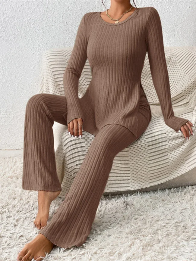 Women's Long Sleeve Scoop Neck Solid Color Two-Piece Set