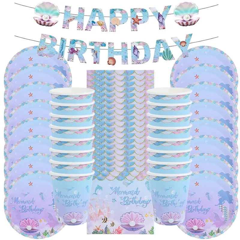 53pcs Mermaid Birthday Party Disposable Tableware Set Napkins Plates Cups Under the Sea Baby Shower Girl Mermaid Party Supplies