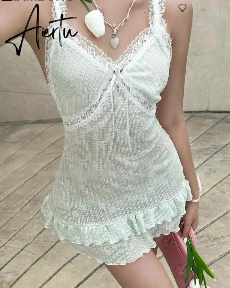 Aiertu Sweet Cute Patchwork Lace Ruffles A-Line Dress Holiday Sexy Slim V-Neck Sleeveless Mini Dresses For Women  Summer Aiertu