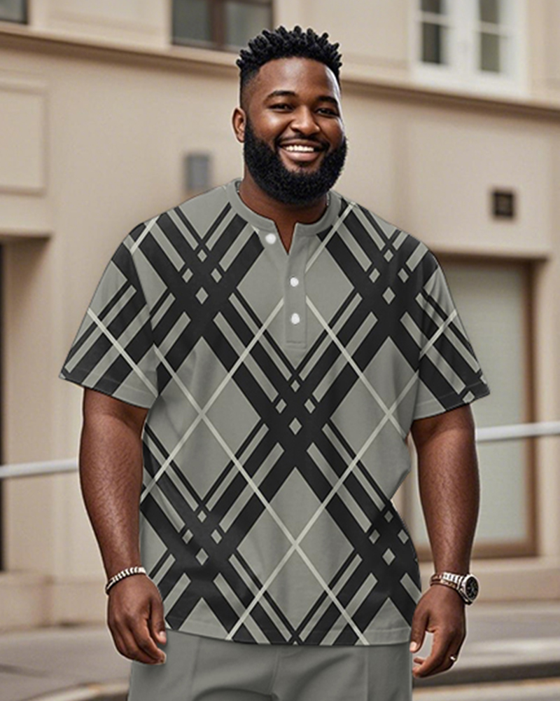 Men's Plus Size Daily Casual Grey Diamond Plaid Print Henley Collar Button Short Sleeve T-Shirt