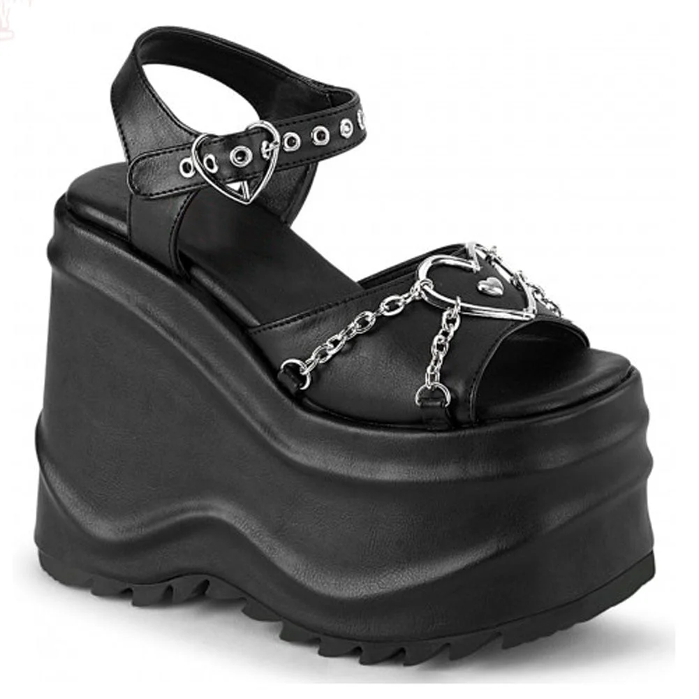 Brand Design 2021 Big Size 43 Chunky High Heel Black Gothic Cool Chains Punk Summer Platform Sandals Women Wedges Shoes