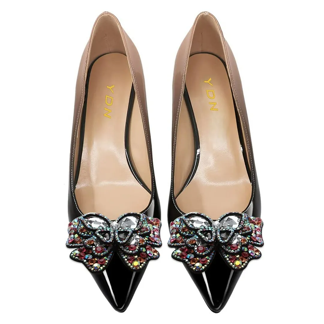 Rhinestone Butterfly Block Heel Ombre Nude & Black Pumps Shoes