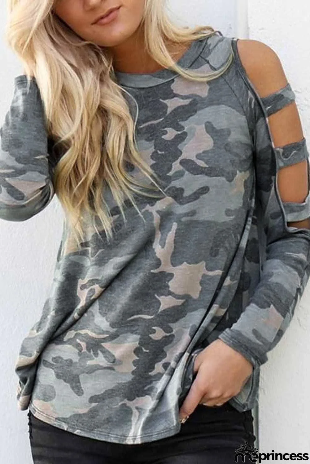 Camouflage Shoulder To Hollow Out Long Sleeve Top